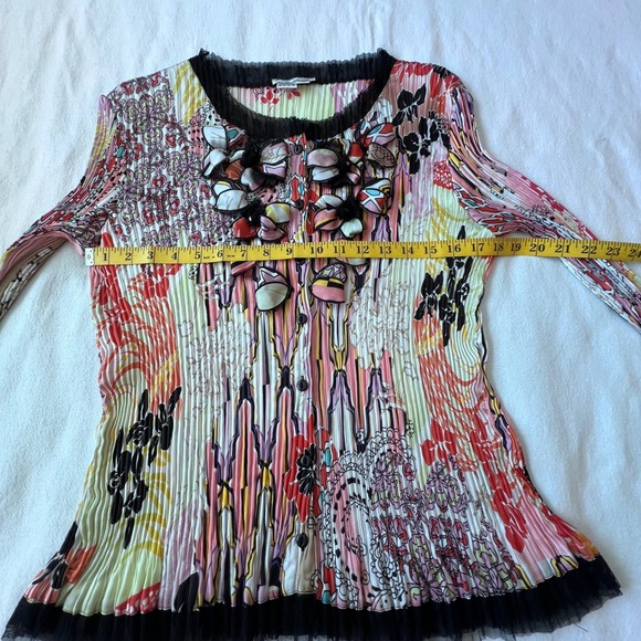 Alberto Makali Pleated Floral Cardigan 3D Applique Mesh Trim Multi Color XL NEW - Picture 7 of 8